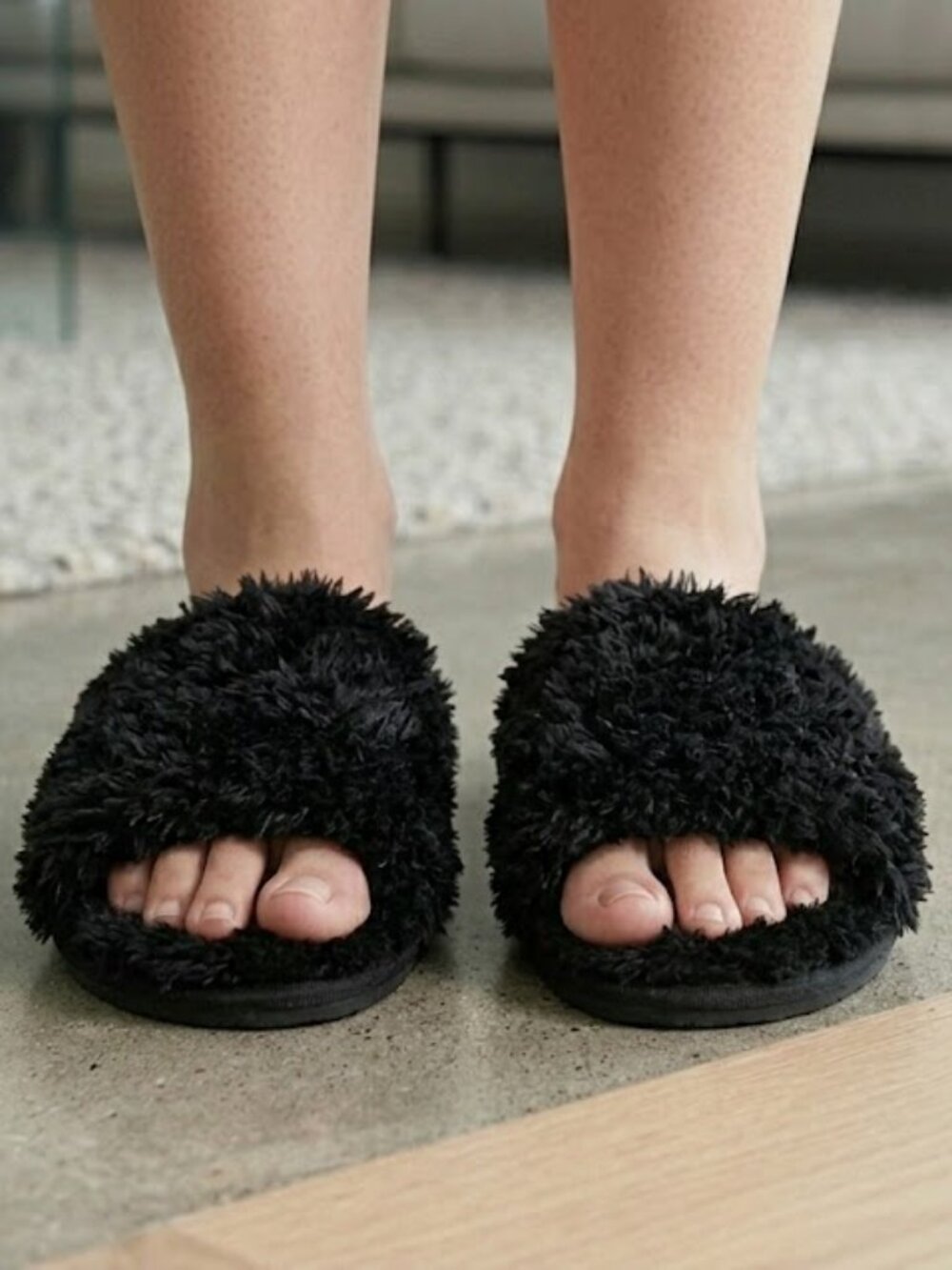 NWT BP. Black Fuzzy Faux Fur Slide Slippers | Women's Size Small (5-6)